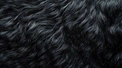 Close-up view of textured, wavy black fur, showcasing its softness and depth.