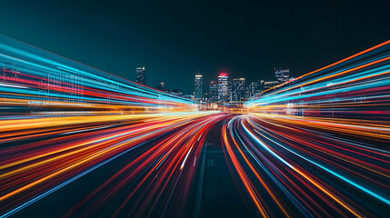 Colorful Light Trails of City Traffic on a Highway at Night with Blurred Lights and a Dark Skyline