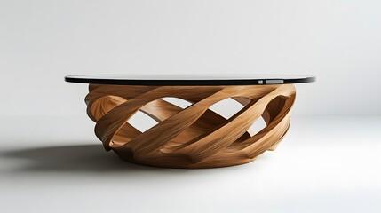 Fototapeta premium A contemporary round coffee table with a glass top and a sculptural wooden base, isolated on a clean backdrop