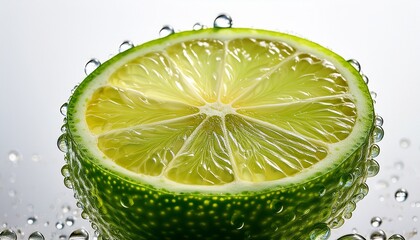 Close-up of a lime slice with condensation, highlighting its juicy, porous texture against a fresh, vibrant background.