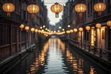 Tranquil canal scene, illuminated by glowing lanterns, reflecting on water