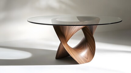 A contemporary round coffee table with a glass top and a sculptural wooden base, isolated on a clean backdrop