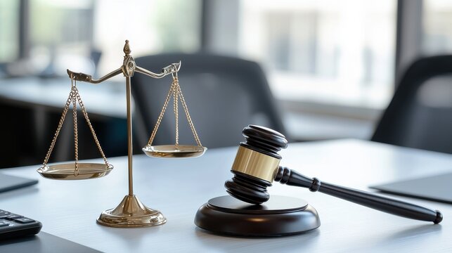 A judge's gavel and scales of justice on a desk symbolize law and legal proceedings in an office setting.