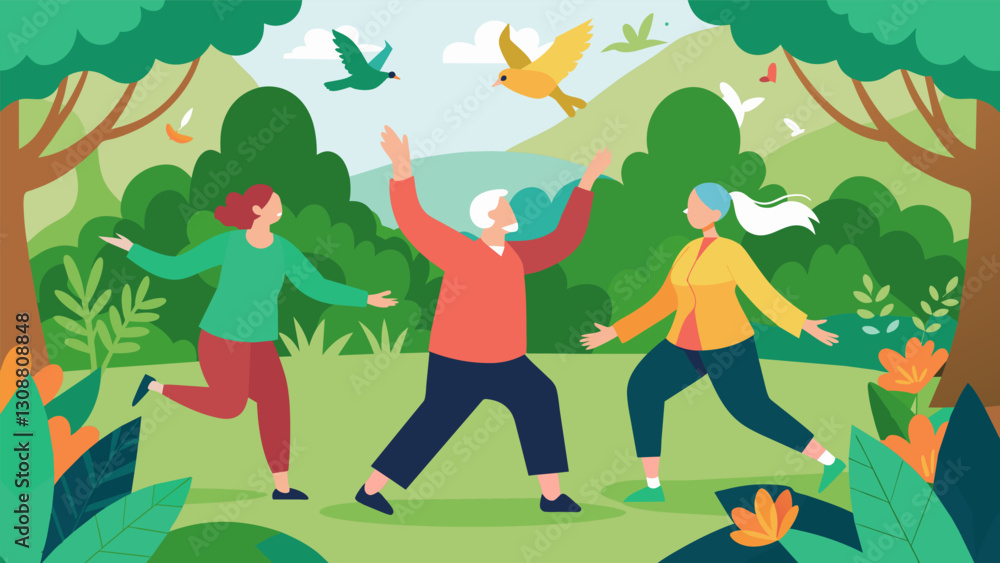 Poster the tai chi class for seniors surrounded by lush greenery and the sound of chirping birds.. vector i