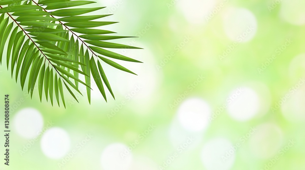 Poster lush green palm leaf against a soft blurred green background with bokeh effect