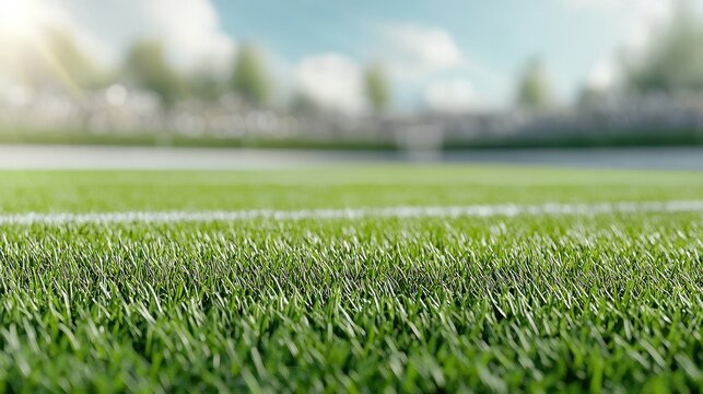 Close-up of a lush green sports field with blurred background and sunlit grass, perfect for outdoor activities. - Powered by Adobe