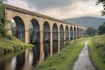 Fototapeta premium A scenic view of the Llangollen Aqueduct, historic and dramatic, architectural beauty