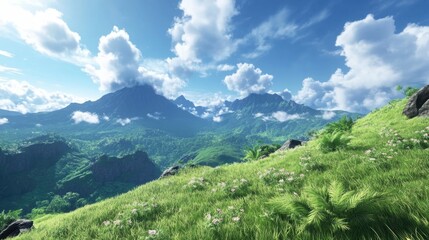 Fototapeta premium Lush green mountains and blue skies filled with clouds abound
