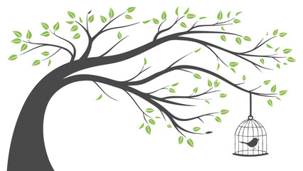 Spring Blossom Tree with Pink Flowers, Love Birdhouses, and Flying Birds – Elegant Nature Illustration on White Background