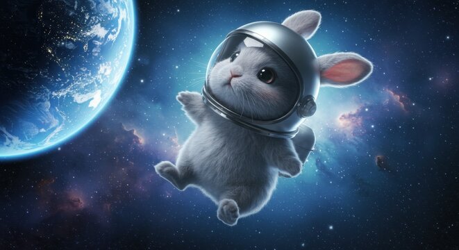 Cute astronaut bunny floating in space with Earth in the background, exploring the cosmos
