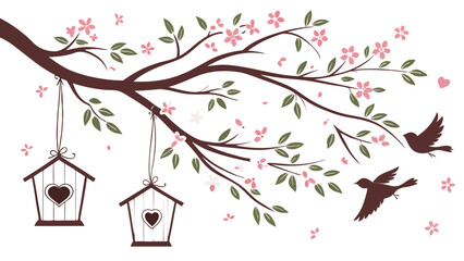 Spring Blossom Tree with Pink Flowers, Love Birdhouses, and Flying Birds – Elegant Nature Illustration on White Background