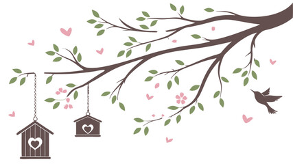Spring Blossom Tree with Pink Flowers, Love Birdhouses, and Flying Birds – Elegant Nature Illustration on White Background