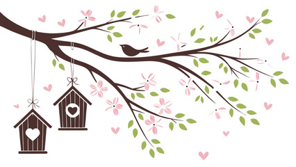 Spring Blossom Tree with Pink Flowers, Love Birdhouses, and Flying Birds – Elegant Nature Illustration on White Background