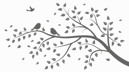 Spring Blossom Tree with Pink Flowers, Love Birdhouses, and Flying Birds – Elegant Nature Illustration on White Background