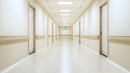 Empty White Hospital Corridor With Closed Doors and Bright Overhead Lighting