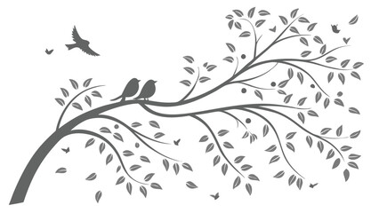 Spring Blossom Tree with Pink Flowers, Love Birdhouses, and Flying Birds – Elegant Nature Illustration on White Background