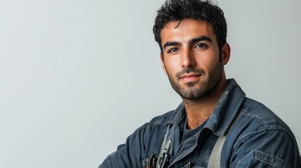Fototapeta premium A confident young man in work attire poses for a portrait against a neutral background.