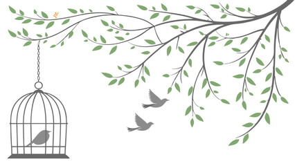 Spring Blossom Tree with Pink Flowers, Love Birdhouses, and Flying Birds – Elegant Nature Illustration on White Background