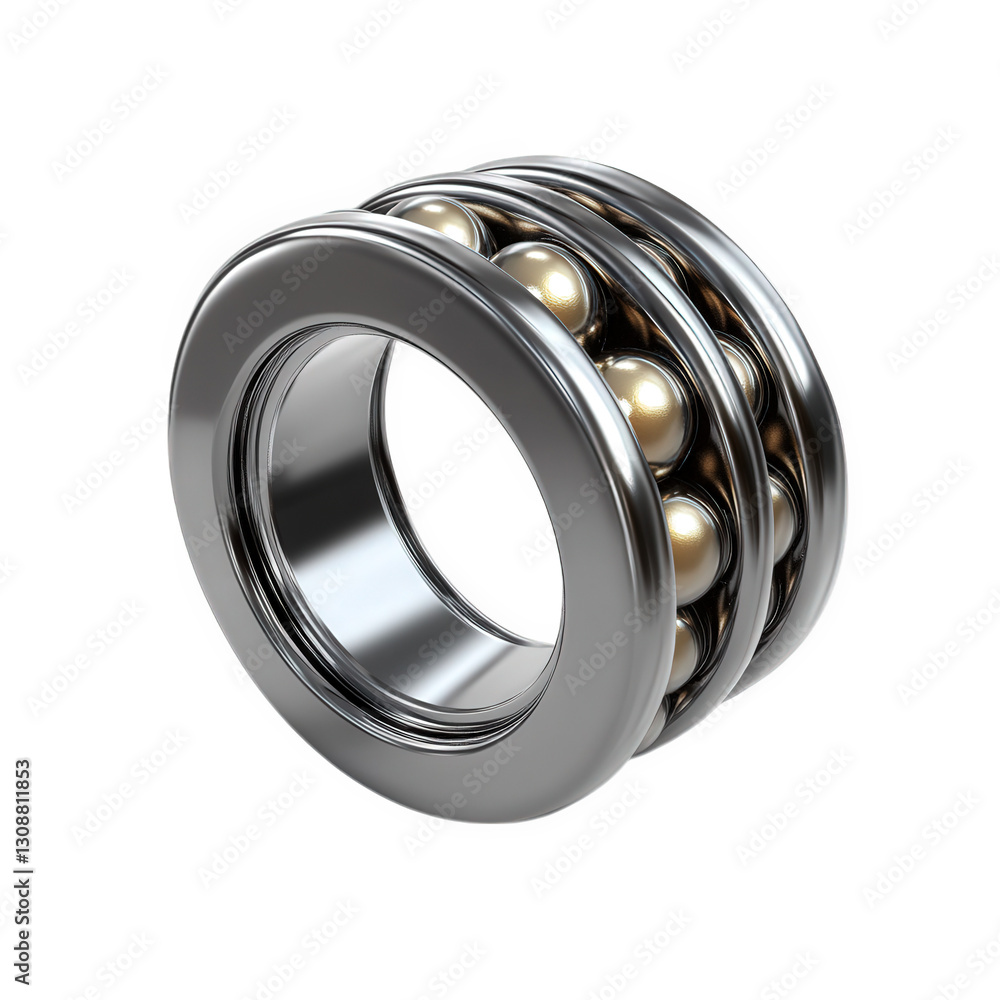 Poster a metallic bearing with a sleek design. featuring a ring structure and several spherical elements in