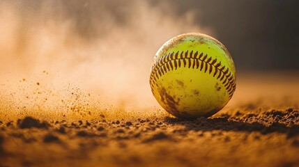 A yellow softball sitting on a dirt field after impact