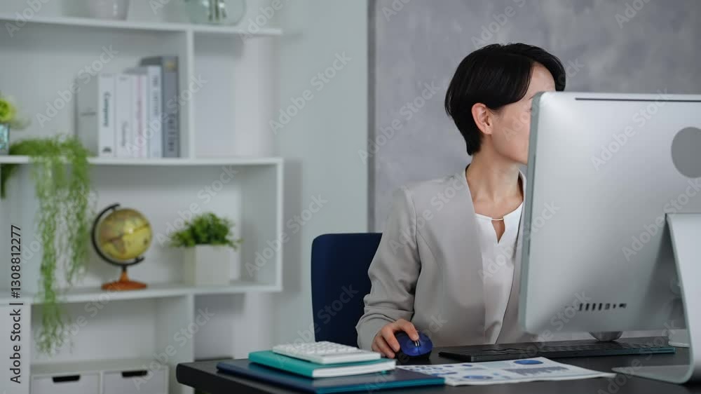 Aufkleber 暗いオフィスでパソコンを使って作業する女性ビジネスパーソン