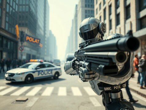 Robot policier avec fusil à pompe et voiture police en arrière plan - Powered by Adobe
