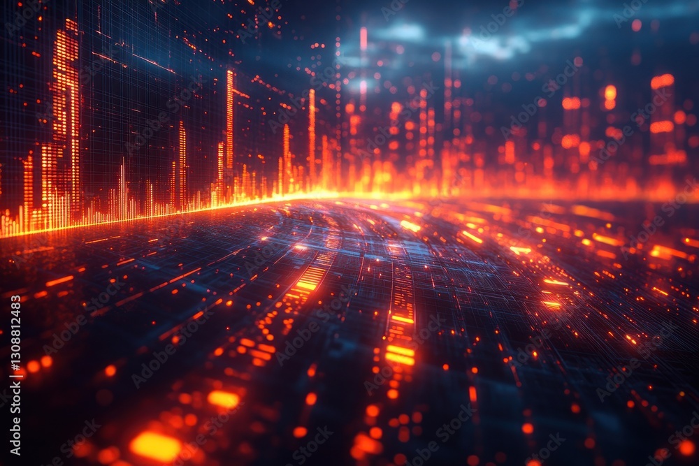 Poster glowing data streams flow on circuit board in digital city with bright background