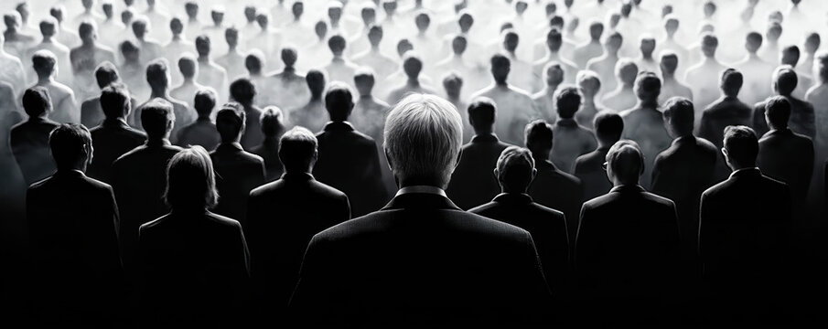 Monochrome Silhouetted Crowd in Focused Light, Capturing Collective Human Presence and Group Psychology Themes