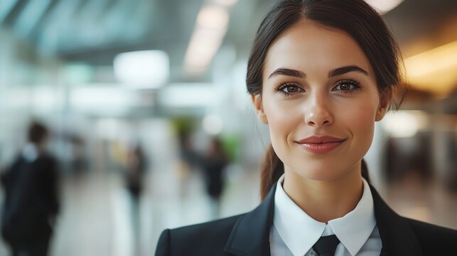 Closeup Confident female flight attendant walking through the airport terminal, poised and professional
