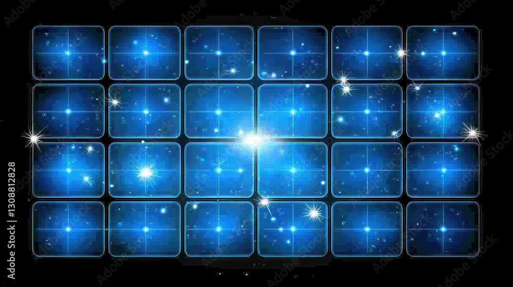 Poster abstract blue stars on dark background with grid pattern and bright sparkles