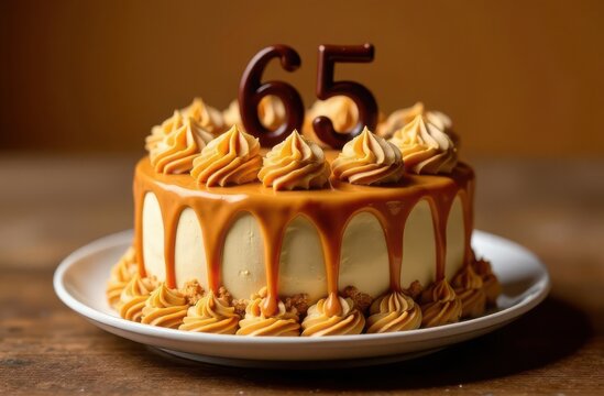 Caramel cake with cream and number 65 on brown