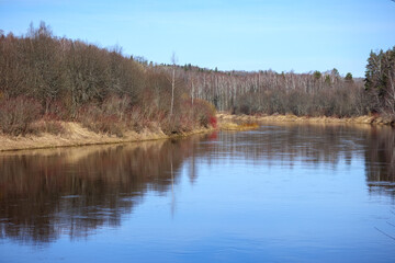 
A river flowing through a forested landscape with leafless trees, against a clear sky.