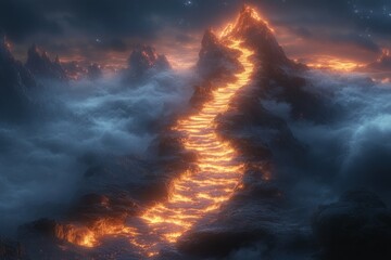 Fototapeta premium Lava flows down mountain path above clouds at night