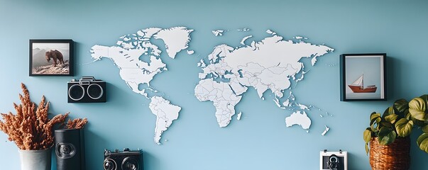 A decorative wall showcasing a world map with various accessories