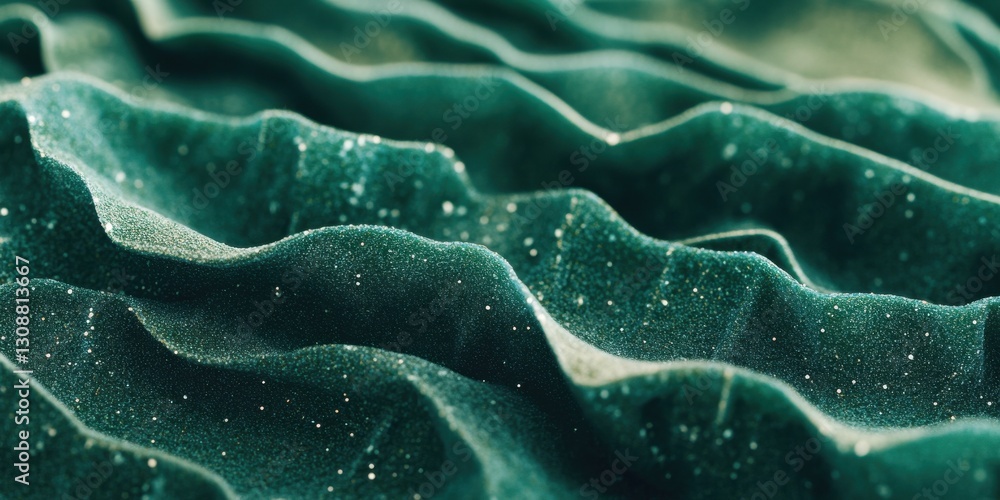 Poster textured green fabric with sparkling glitter in wavy pattern abstract design