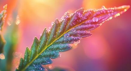 A close-up of a green leaf adorned with water droplets, illuminated by soft colors.