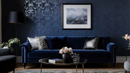 Cool navy and silver sky, sleek and moody with subtle flowing patterns