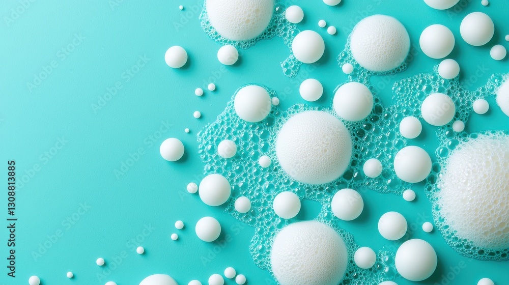 Poster abstract image of white soap foam bubbles on turquoise background. bubbles round shapes, various siz