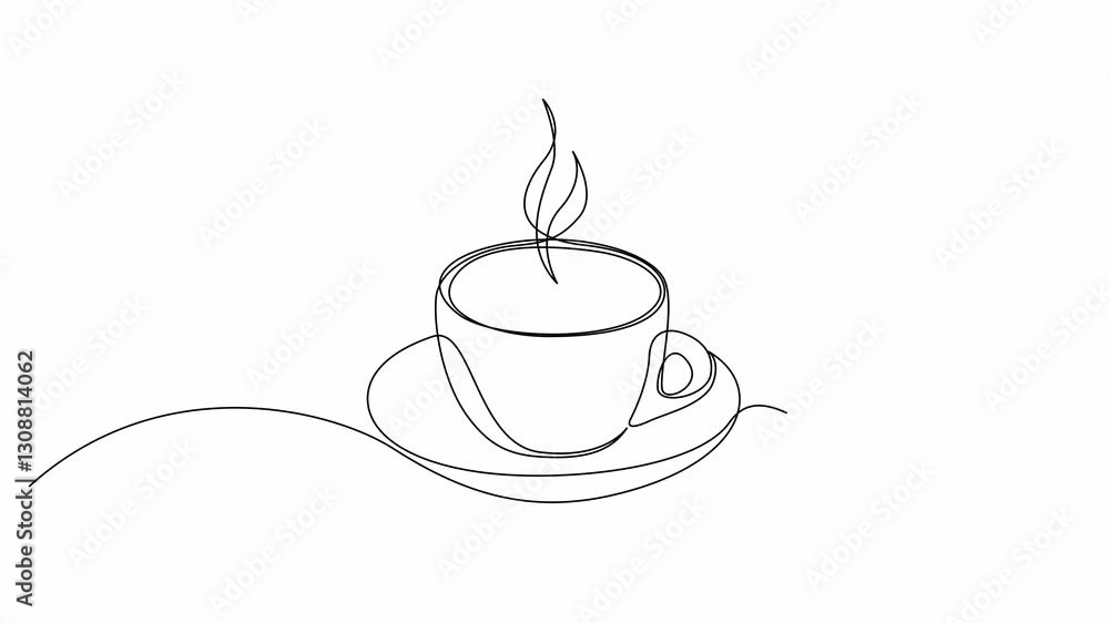 Poster self drawing simple animation of cup of coffee with steam continuous one line art. minimalist style 