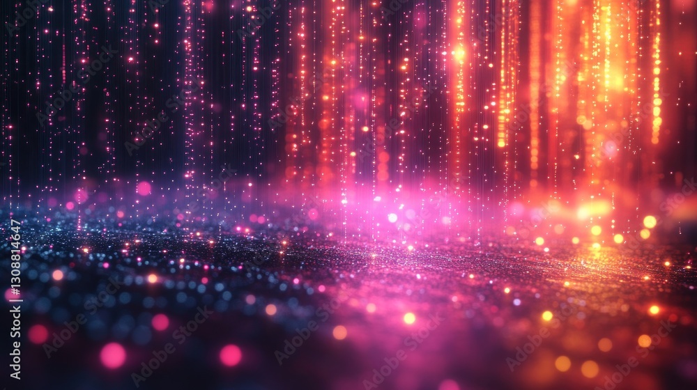 Poster glittering particles falling on a shimmering floor with a colorful digital backdrop