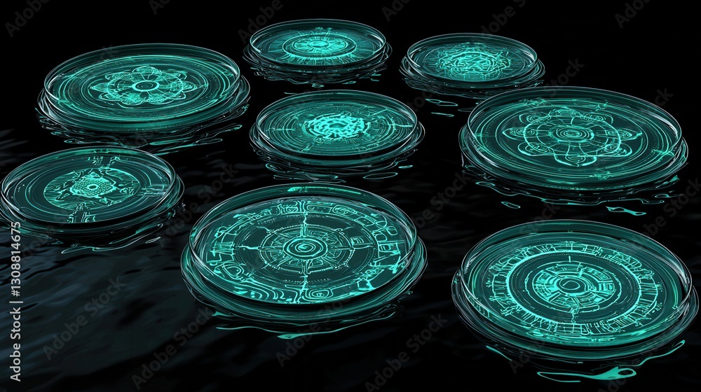 Poster glowing circular symbols floating on dark water surface with futuristic design elements