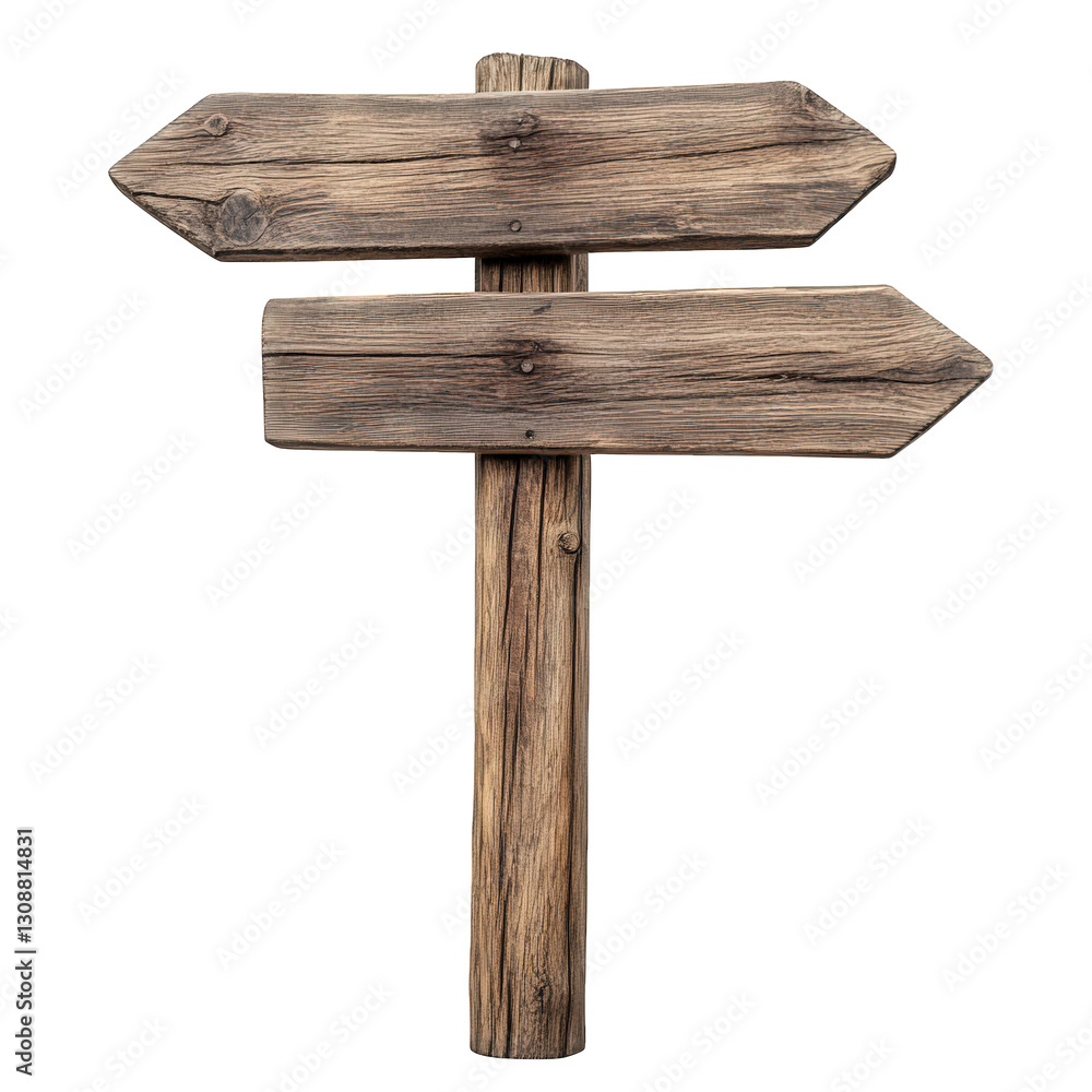 Poster wooden signpost with two arrows pointing in different directions. suggesting guidance or choices the