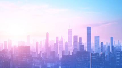 Sunrise over modern city skyline with pink and blue sky