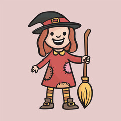a kid wearing sorcerer costume in isolated outline flat design