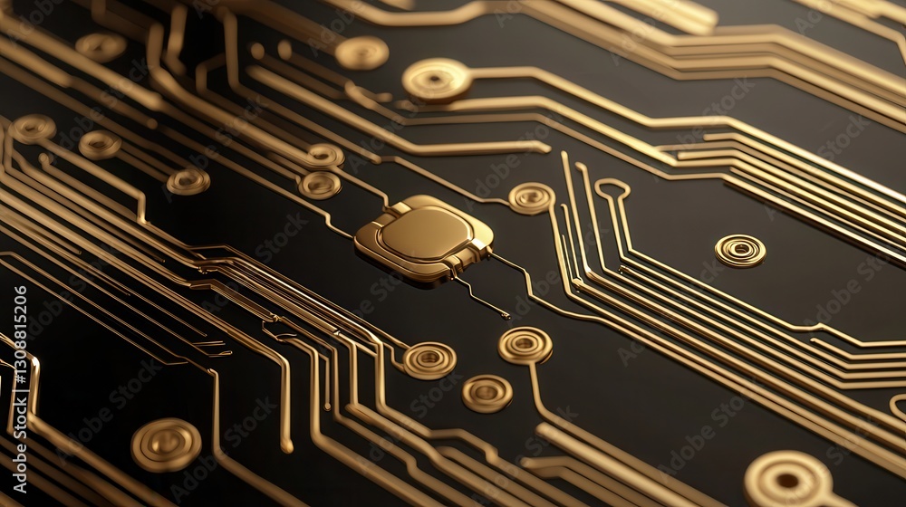 Poster detailed close-up of golden circuit board with intricate patterns and connections