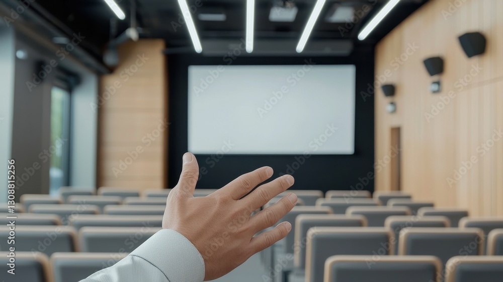 Poster hand gesturing in an empty conference room with projector screen.