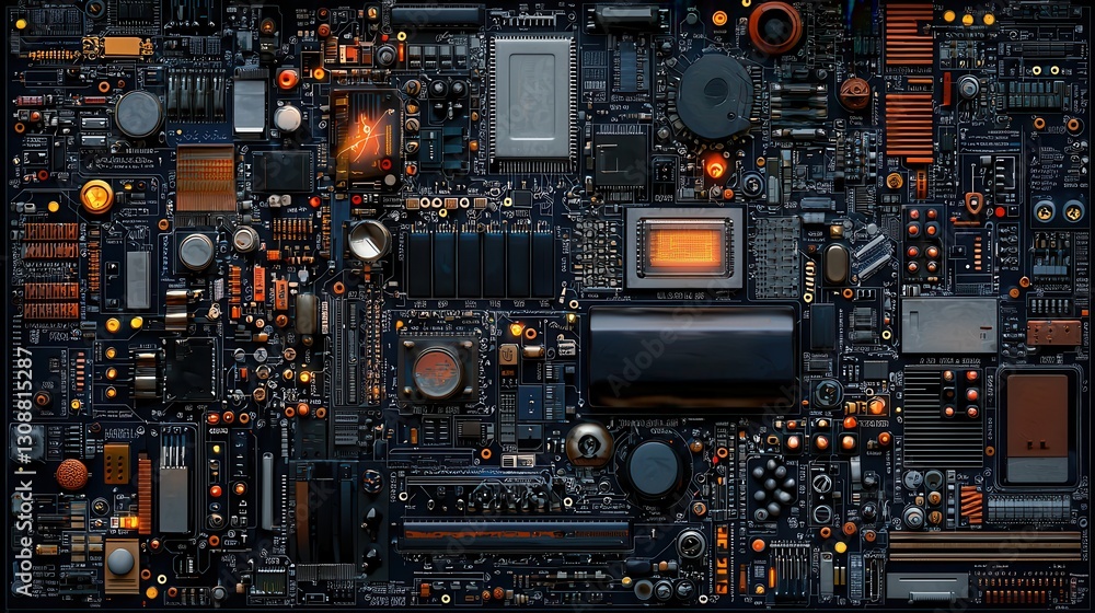 Poster detailed close-up of colorful electronic circuit board with components and textures