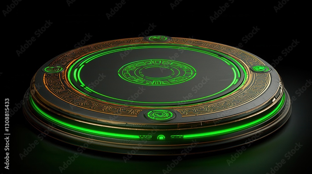 Poster glowing circular ancient symbol with intricate patterns and vibrant green light effects