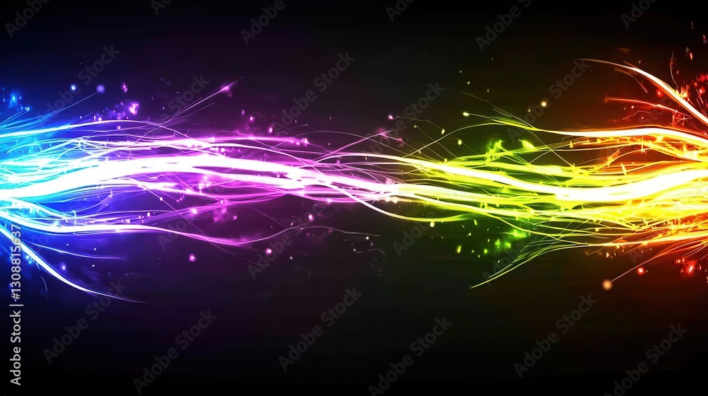 Poster vibrant abstract light waves in spectrum colors with glowing particle effects