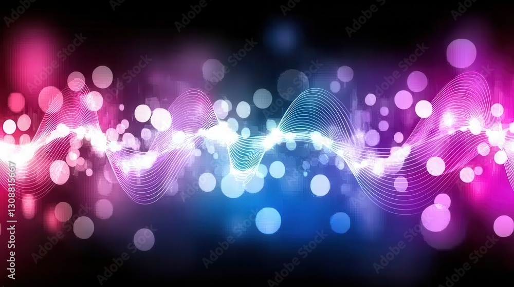 Poster Vibrant Abstract Waveform with Colorful Bokeh Lights Over Dark Background